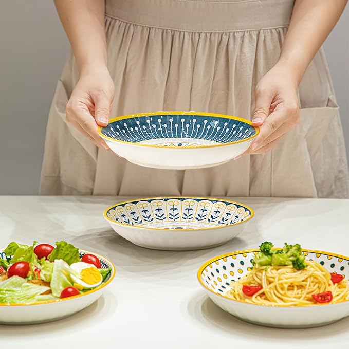 Yeacccng Pasta Bowls Set of 8, 24 Oz Ceramic Salad Bowls, 8 Inch Shallow Serving Bowls for Pasta, Salad, Oatmeal, Fruit, Easy to Clean, Dishwasher & Microwave Safe, Scratch-Resistant, Lead-Free