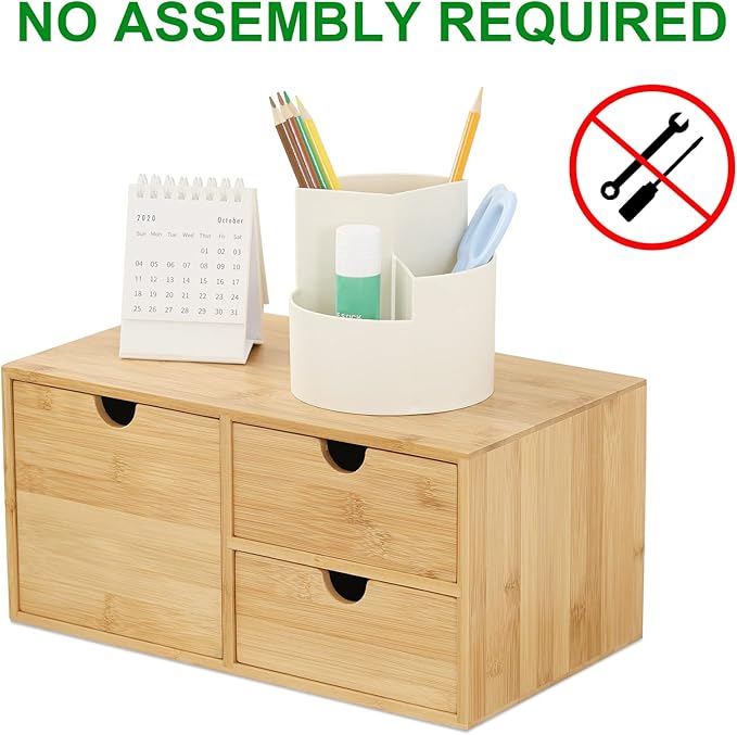 Wisuce Bamboo Desk Organizer - Mini Desktop Drawer Tabletop Storage Organization Box for Office Home Toiletries Supplies, No Assembly Required (3 Drawer with big drawer)