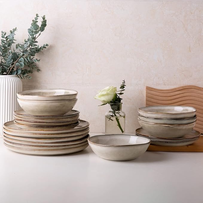 AmorArc Ceramic Dinner Plates Set of 6, 10.5 Inch Handmade Reactive Glaze Stoneware Plates, Rustic Shape Dinnerware Dish Set for Kitchen, Microwave & Dishwasher Safe, Scratch Resistant-Cappuccino