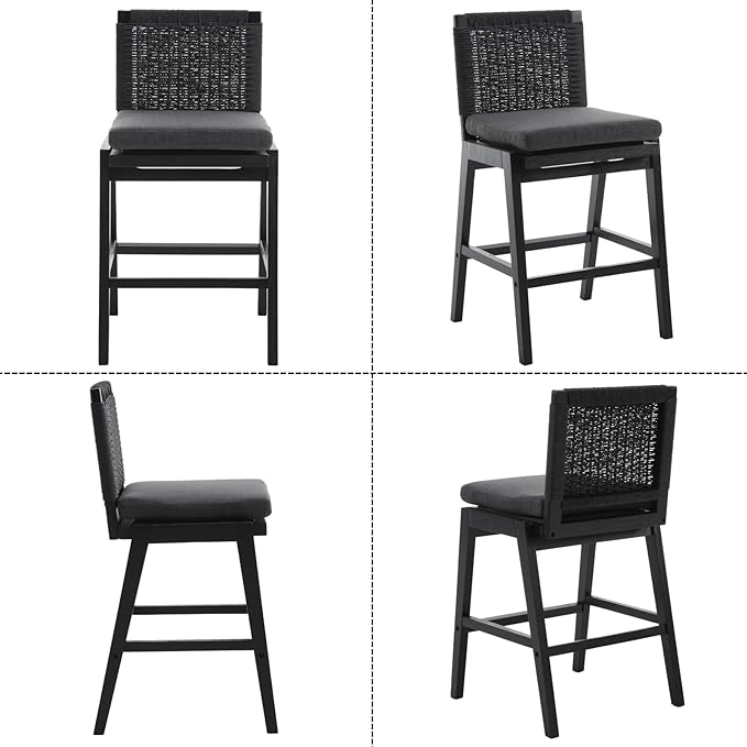 Carbon Black Bar Stools Set of 2, 27.3 Inch Counter Height Stools Upholstered Linen Armless Bar Chairs with Woven Rope Backrest Wooden Legs for Kitchen Island Dining Room
