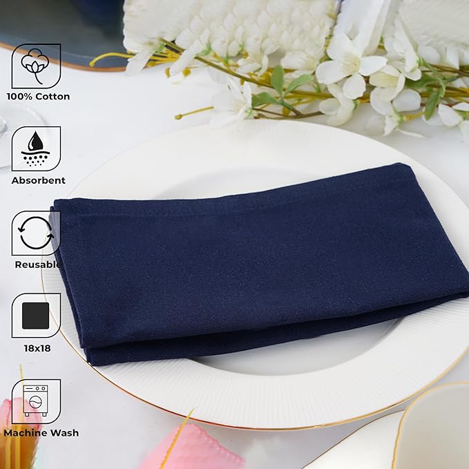Blue Needles Solid Cloth Napkins Set of 6 Navy Blue 100% Cotton Dinner Napkins 18x18 inches - Soft, Reusable, Absorbent & Washable Linen, Ideal for Christmas Events, Parties & Everyday Use