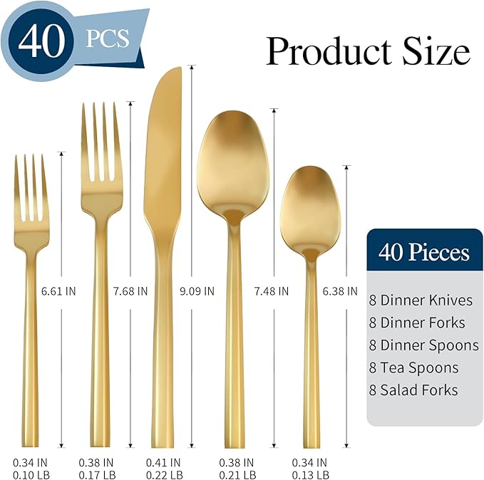 Silverware Set 40-Piece Stainless Steel Matte Gold Cutlery, Hand Forged Thick Hexagon Handle Flatware Sets, Service for 8