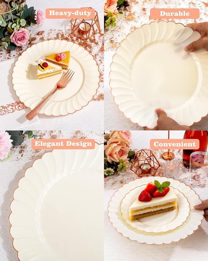 YOUBET 175PCS Ivory Scalloped Plastic Plates - Rose Gold Disposable Dinnerware Set Include 50 Plates, 75 Rose Gold Silverware, 25 Cups, 25 Napkins for Party & Wedding & Baby Shower