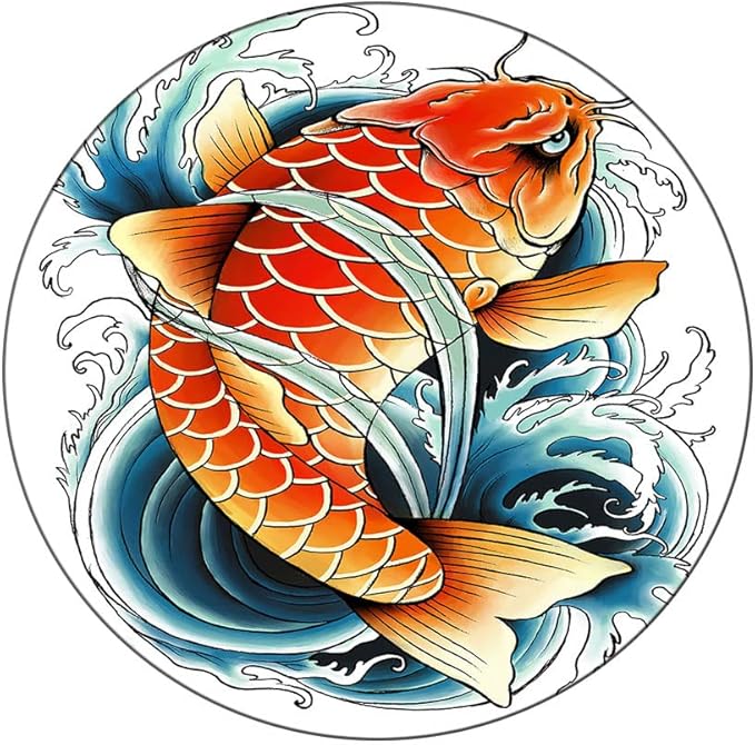 Round Edge Closing Tablecloth, Koi Fish Elastic Edged Tablecloth, Tattoo Style Japanese Wave, Fit Round Tables 39inch Diameter, for Restaurant Picnic Indoor and Outdoor Use, Multicolor