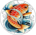 Round Vinyl Fitted Tablecloth, Koi Fish Print Polyester Table Cloth, Tattoo Style Japanese Wave, Fit Round Tables 35inch Diameter, for Holiday Dining Table/Dinner/Party, Multicolor