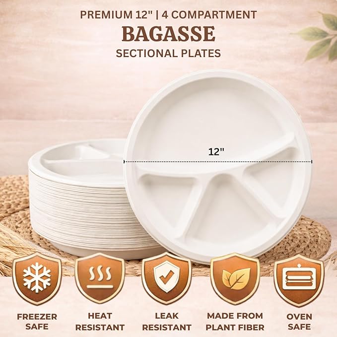 Urban Box Co. 12-Inch 4-Compartment Compostable Plates, Heavy-Duty Eco-Friendly Sugarcane Fiber, Biodegradable & PFAS-Free, BPI-Certified, Compostable Dinner Plates, 150 Pack
