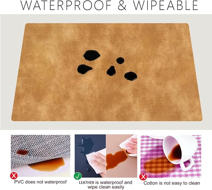 Faux Leather Placemats with Rounded Corners Set of 6,Washable&Wipeable Place Mats,Waterproof&Heat-Resistant Table Mats, Good for Kitchen and Kids-Khaki