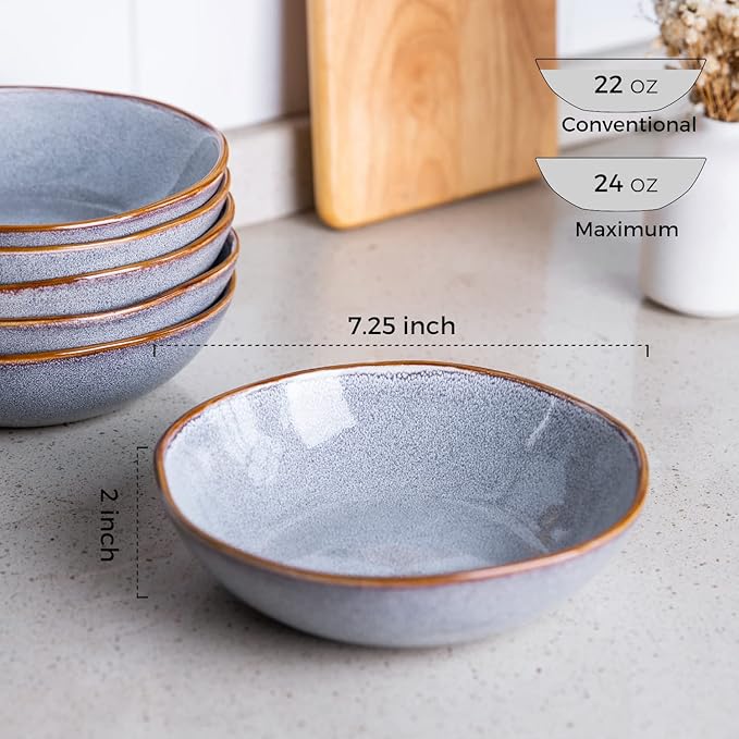 AmorArc Ceramic Cereal Bowls Set of 6, 24 oz Handmade Stoneware Bowls Set for Cereal Soup Salad, Stylish Kitchen bowls for Meal, Dishwasher & Microwave Safe, Reactive Glaze Gray Blue