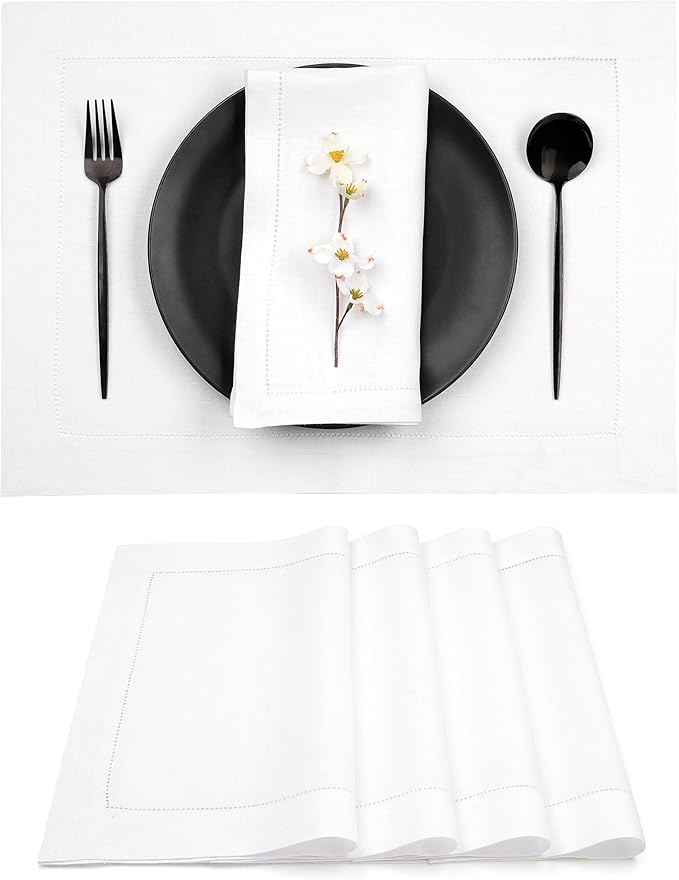 D'Moksha Homes White Linen Placemats Set of 4 - Classic Hemstitch Placemats 14 x 19 Inch - 100% Pure Linen Table Mats for Valentines, Spring, Easter - Handcrafted and Machine Washable