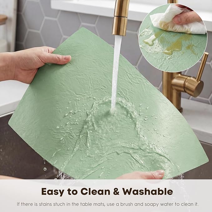 Artoid Mode Sage Faux Leather Placemats Set of 6, 12x18 Inch Waterproof Wipeable Heat Resistant Vinyl Place Mats, Reversible Table Mats for Spring Kitchen Dining Decor