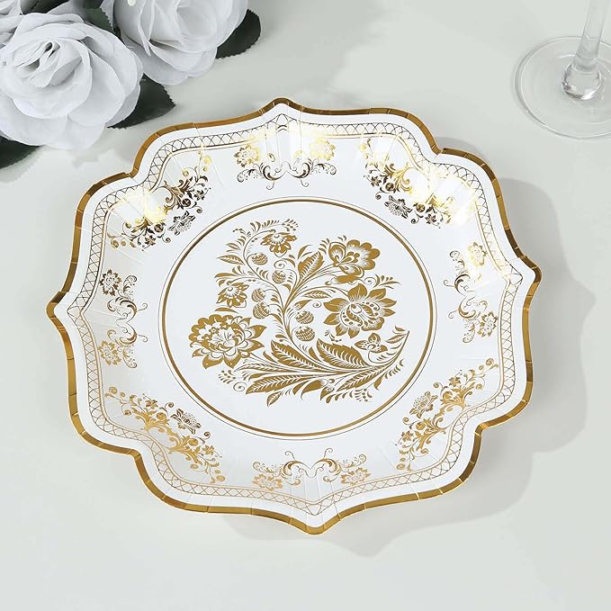 50 Pack 8" White Gold French Toile Dessert Plates, Disposable Round Paper Floral Pattern Appetizer Salad Plates 300 GSM for Party Decoration