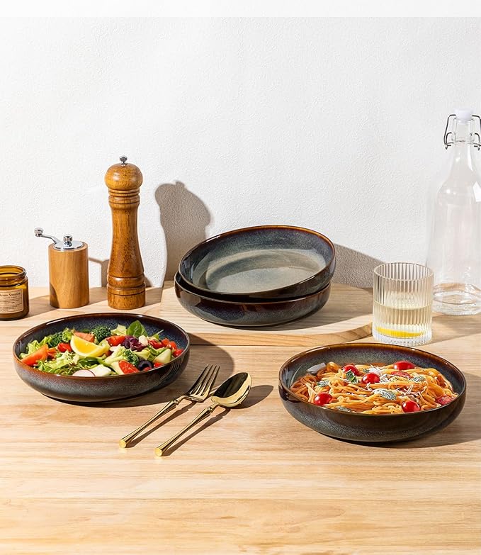 theterra 8.5'' Ceramic Pasta Bowls, Salad Bowls Set of 4, Stoneware Serving Bowls for Fruits, Noodle, Dinner, House-warming Wedding Present, Coca Mocha