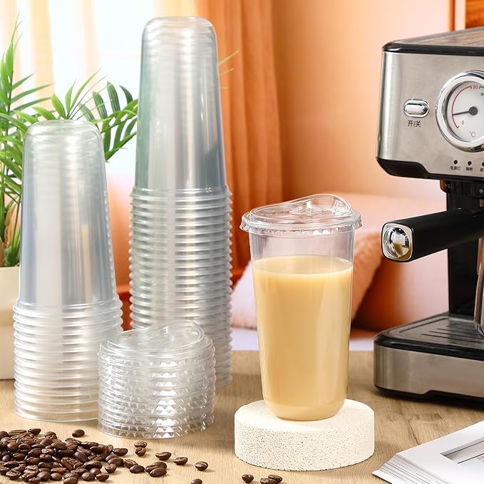 50 Sets Clear Plastic Cups with Strawless Sip Lids, Thickened Clear Disposable Plastic PET Crystal Cups for Iced Coffee, Smoothie, Cold Beverage, Drink Shops and Party Catering (20 oz)
