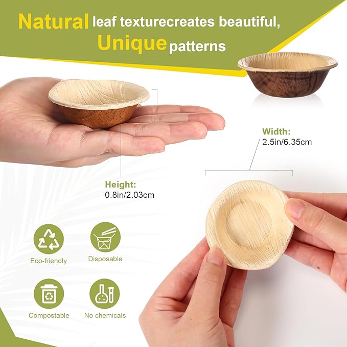 200 Pcs Small Palm Leaf Dip Bowls 2.5 Inch Disposable Palm Leaf Round Mini Dip Bowl, All Natural and Compostable Small Bamboo Plates for Dips Soy Sauce Charcuterie Board and Finger Foods