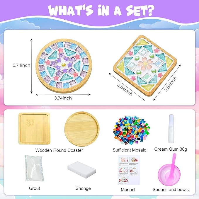 Airsnigi 10 Set DIY Mosaic Tiles for Crafts Mixed Color Mosaic Kits with Wooden Coasters Handmade Glass Coasters Crafts Set for Drinks Tray Handmade Home Decoration Christmas Gift