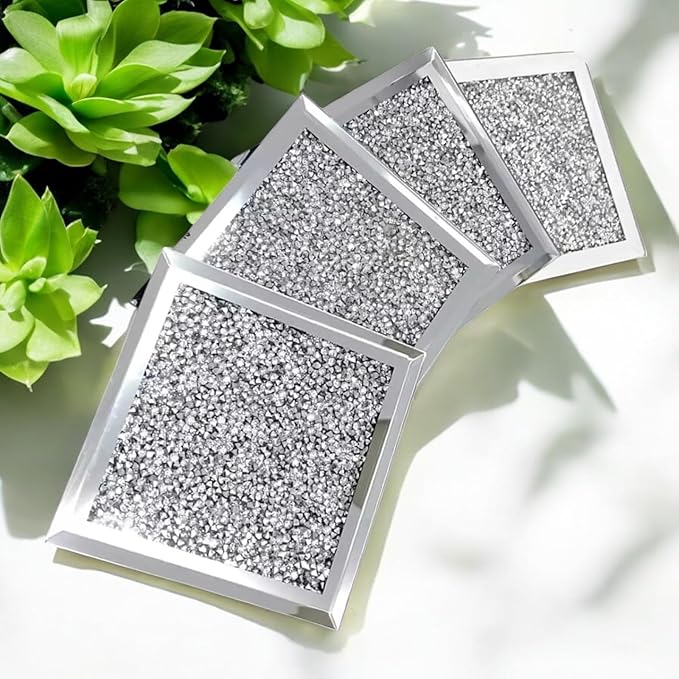 Crushed Diamond Crystal Glass Mirrored Square Coasters Set of 4 Glittering Bling Silver TRENDZY ® Drink Wine Coasters for Home Kitchen Bar & Restaurant Home Decor Birthday Wedding (Square)