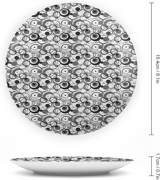 Ceramic Display Plate, Abstract Ceramic Hanging Decorative Plate, Monochrome Circles Dots Surreal Geometric Modern, 7 Inch, Living Room Kitchen Decoration Household, Grey Black White