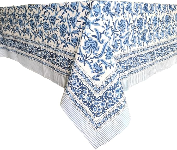 ATOSII Midnight Bloom 100% Cotton Spring Summer Tablecloth, Hand Block Print Rectangle Table Cover for Kitchen Dining Linen I Parties, Outdoors, Wedding, Easter I 72 X 120 Inches I 10 Seater