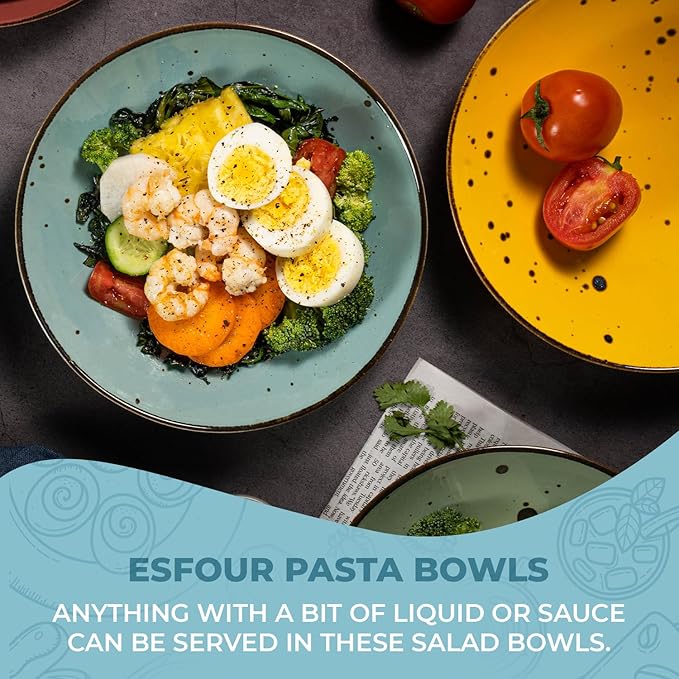 Esfour Ceramic 7.84 Inch Serving Bowls - Set of 6 | 20 Oz Large Pasta Salad Bowls, Microwave/Oven Safe, Wide Shallow Porcelain Bowls for Party, Dinner, Entertaining, Stackable - Vivid Assorted Colors