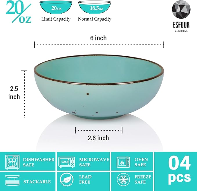 Esfour Round Porcelain Bowls - 20 Ounce - Set of 4 - Microwave, Oven, Dishwasher-Safe, Scratch Resistant, Porcelain Durable Small Dishes Bowls for Cereal, Salad, Pasta, Soup Dessert - Assorted Natural