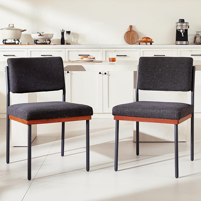 Black Modern Dining Chairs Set of 2, Kitchen Chairs with Thick Cushions and Adjustable Foot Pads, Upholstered Fabric Dining Room Chairs with Sturdy Metal Legs