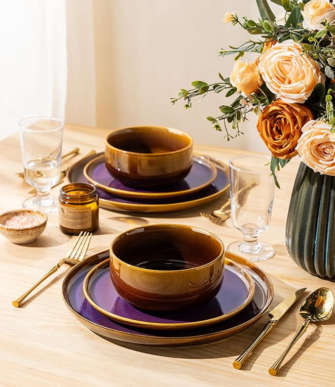 TheTerra Ceramic Dinnerware Sets for 4, 12 Pieces Handmade Reactive Glaze Plates and Bowls Set, Scratch Resistant Dish Set, Oven & Microwave & Dishwasher Safe, Amber Amethyst