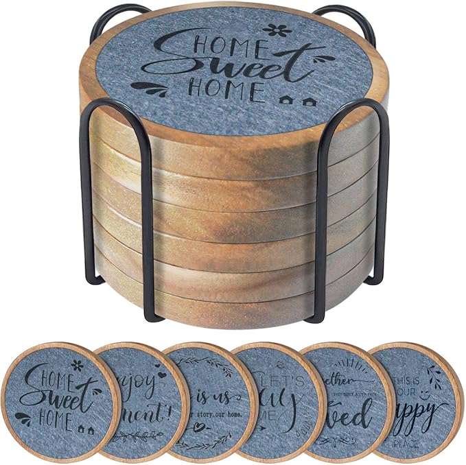 Coasters for Drinks with Holder, Wood Coasters for Drinks Housewarming Gifts for Home Decoration Coasters Sets of 6 4.3 Inch Gray