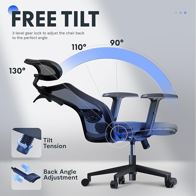 FLEXISPOT Ergonomic Office Chair, High Back Home Office Desk Chairs with Adjustable Lumbar Support, Armrests,90-130° Tilt Lock, Comfort Wide Cushion, Swivel Computer Gaming Chairs for Adults (Gray)