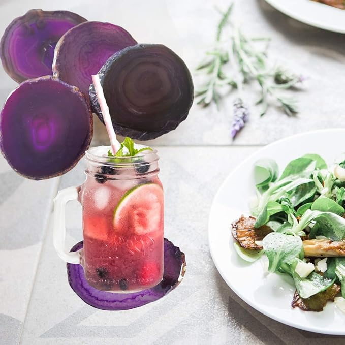 4pcs Agate Coaster for Drinks Purple Irregular Crystal Coasters Dyed with Rubber Bumpers for Coffee Wine or Bar Glasses 4-5"