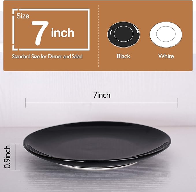 DELLING Porcelain Appetizer Plates, 7 Inch Black Dessert/Salad Plates - Small Dinner Plates for Sides, Snack, Pasta - Kitchen Ceramic Serving Dishes, Microwave and Dishwasher Safe - Set of 6