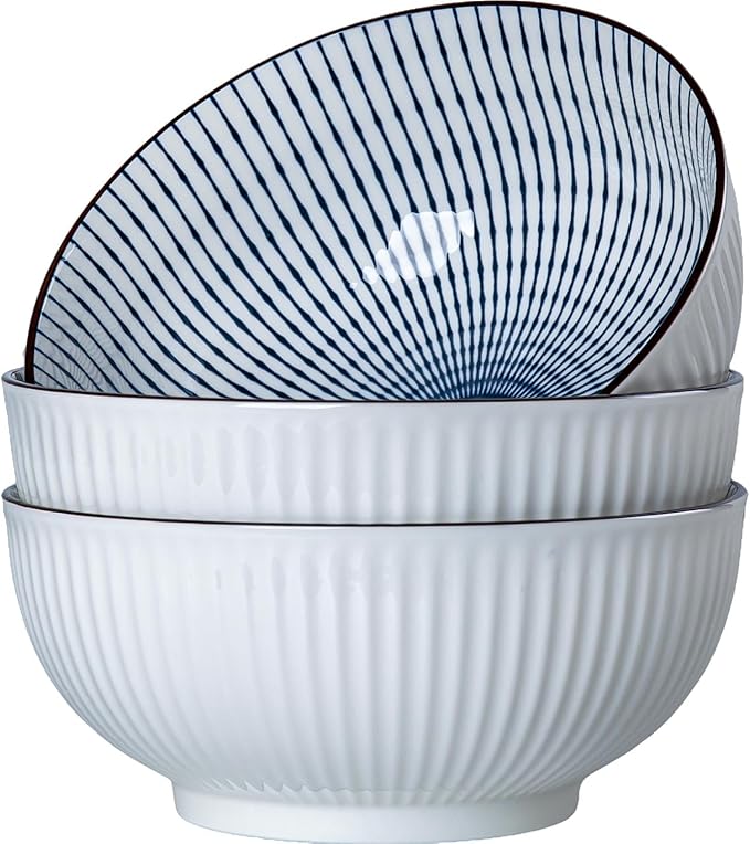 60 oz Large Soup Bowls, Pho Bowls, 8 Inch Blue and White Ceramic Japanese Ramen Bowls Set of 3 - Striped Pattern