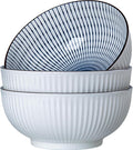 60 oz Large Soup Bowls, Pho Bowls, 8 Inch Blue and White Ceramic Japanese Ramen Bowls Set of 3 - Striped Pattern