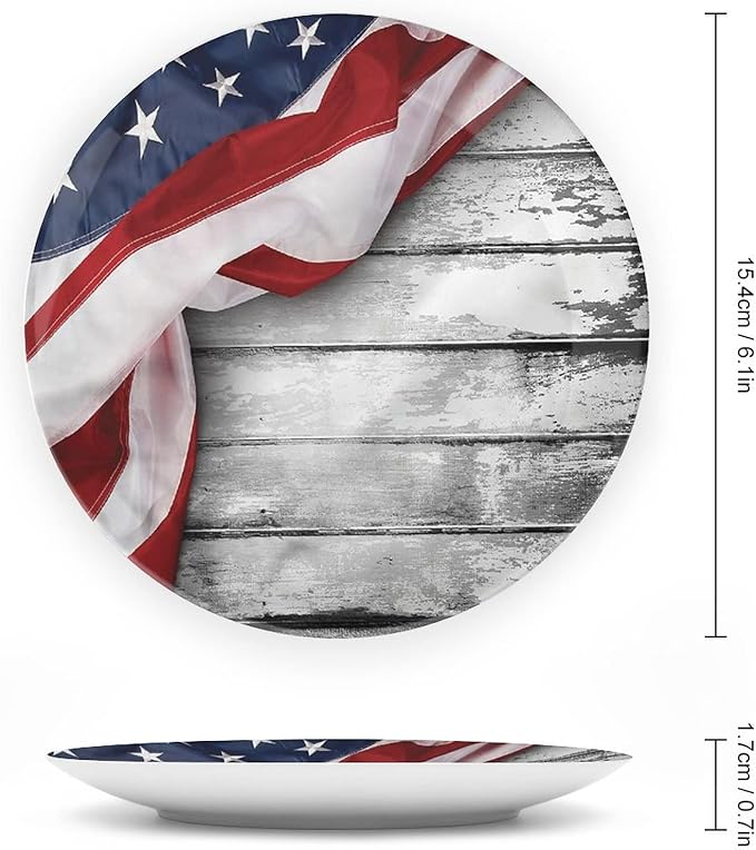Ceramic Display Plate, American Flag Ceramic Hanging Decorative Plate, Flag on Wood Planks, 7 Inch, Living Room Kitchen Decoration Household, Multicolor