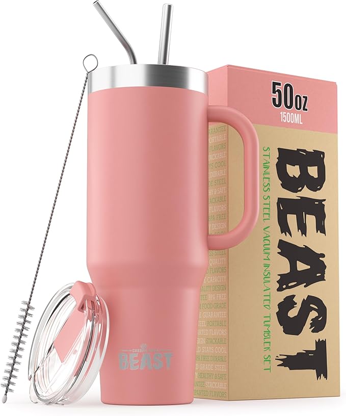 Beast 50 oz Tumbler with Handle Stainless Steel Vacuum Insulated Coffee Ice Cup Double Wall Travel Flask (Blossom Pink)