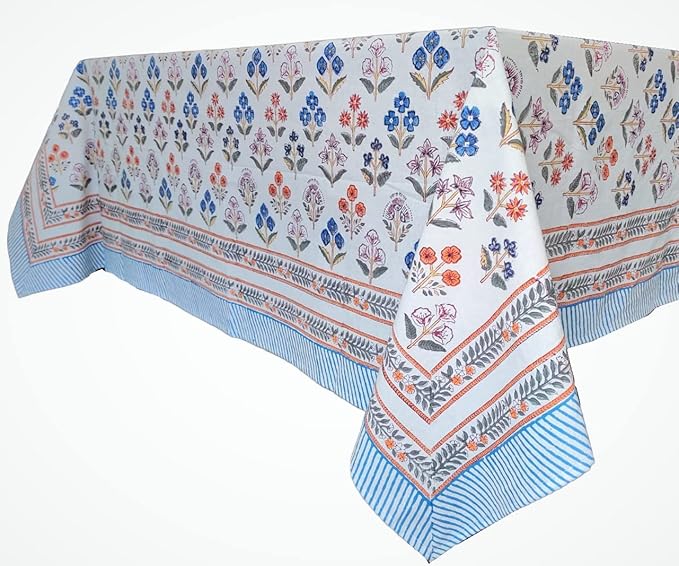 ATOSII Flora Bloom 100% Cotton Rectangle Boho Fall Tablecloth, Handblock Floral Table Cloth Linen for Kitchen Dining I Parties Wedding Outdoors Christmas Thanksgiving I 72 X 108 Inches I 8 Seater