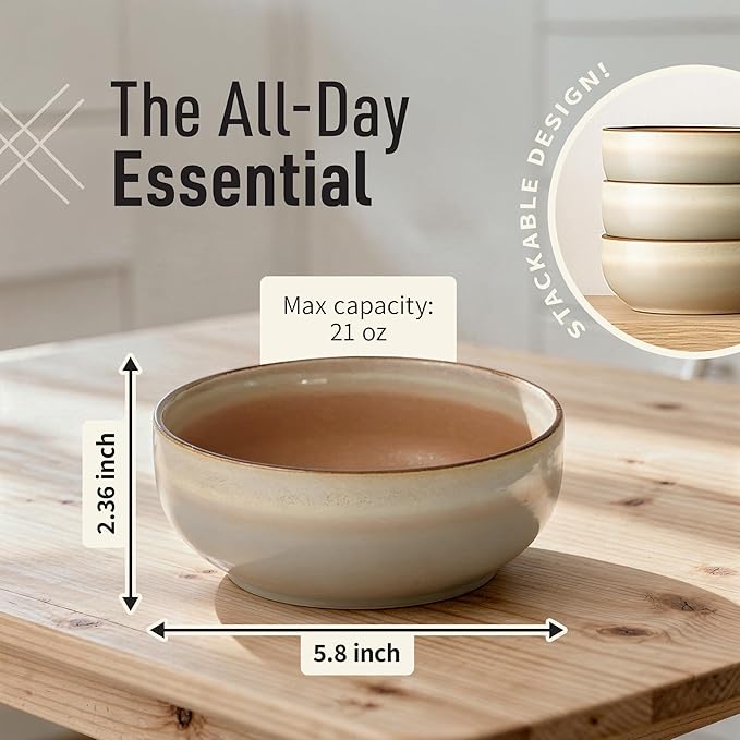 Stoneware Ceramic Cereal Bowls Set of 4, 21 oz | Lead-Free, Cadmium-Free | Microwave and Dishwasher Safe | For Soup, Salad, Rice, Dessert, Ice Cream | Nordic Design | Terracotta/Sage Ash