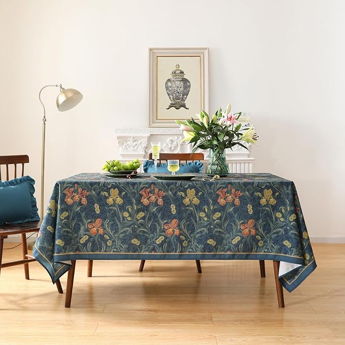 patdrea Designer Dark Blue Linen Square Tablecloth,Vintage French Rustic Floral Pattern Tablecloths,Decorative Table Cover Cloth for Kitchen,Dining,Tea Party,Home,Christmas,67"*67"