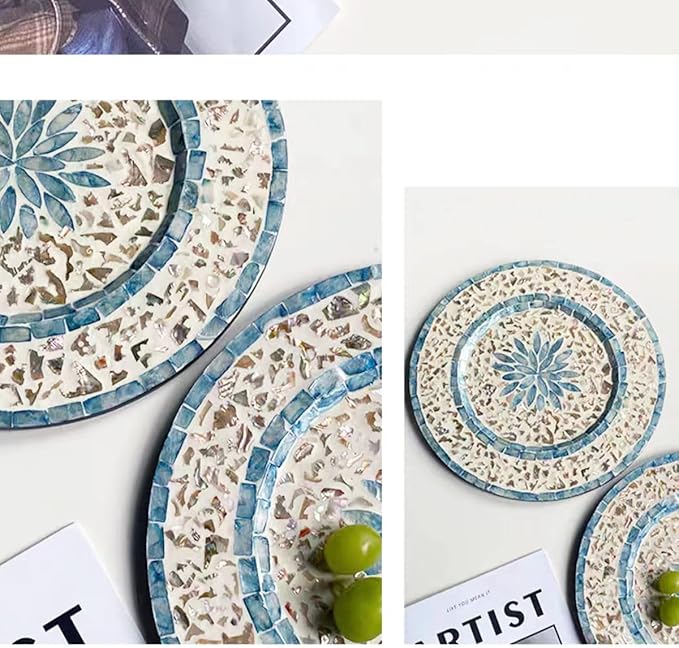 i-lan 2Pack 13" Mother Of Pearl Decorative Charger Plates for Display,Sea Shell Embedded Wood Charger Plates for Dining, Party,Diner Table Modern and Rustic Decorative Placemats,Green Ray