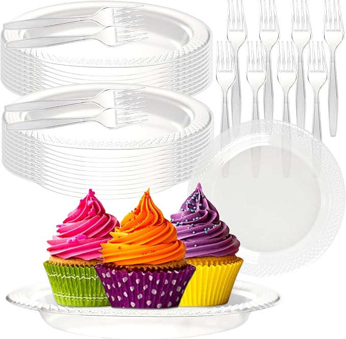 800 Pcs Clear Plastic Dessert Plates with Forks Include 400 Disposable Appetizer 6 Inch Plates 400 Plastic Forks Round Cake Salad Bulk Serve 400 Guests for Christmas New Year Wedding Birthday Party