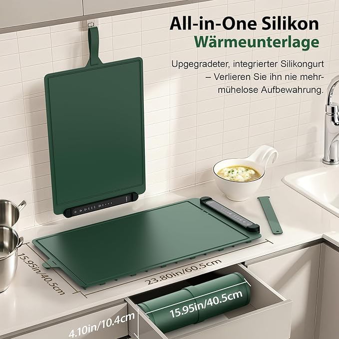 Food Warming Mat Electric Tray: Adjustable Silicone Heating Pad with 3 Temperature Settings 4 Timer Function Portable Roll Up Hot Plate for Buffets Party Gatherings Kitchen Warmer Countertop Green
