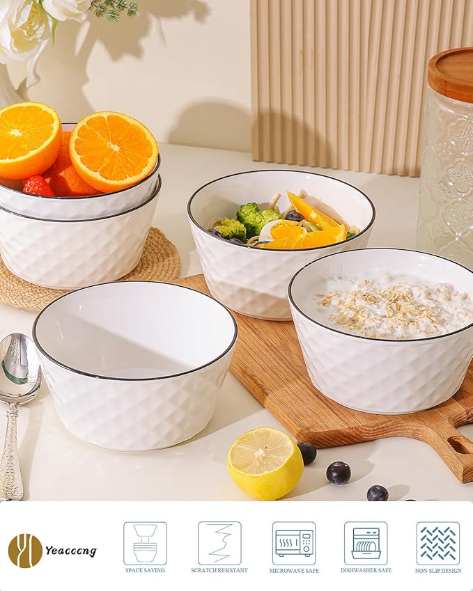 Yeacccng Ceramic Soup Bowls Set of 6, 30 Oz White Cereal Bowls, 6 inch Small Soup Bowls for Soup, Oatmeal, Salad, Pasta, Snacks, Fruits, Dishwasher & Microwave Safe, Scratch-Resistant, Lead-Free