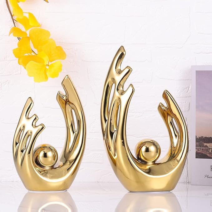LCCCK 9.5" H Gold Aesthetic Room Decor Accent, TV Stand Funky Table Centerpiece, Abstract Art Ceramic Statue and Sculpture, Gold Decor for Living Room, Bookshelf Decorative Objects, Shelf
