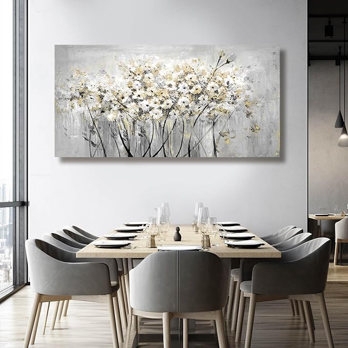 VAYIMDH Gold Pictures Wall Decor Living Room Wall Hanging White and Grey Vintage Posters Floral Photo Prints for Bedroom Dining Room 24x48 Inch