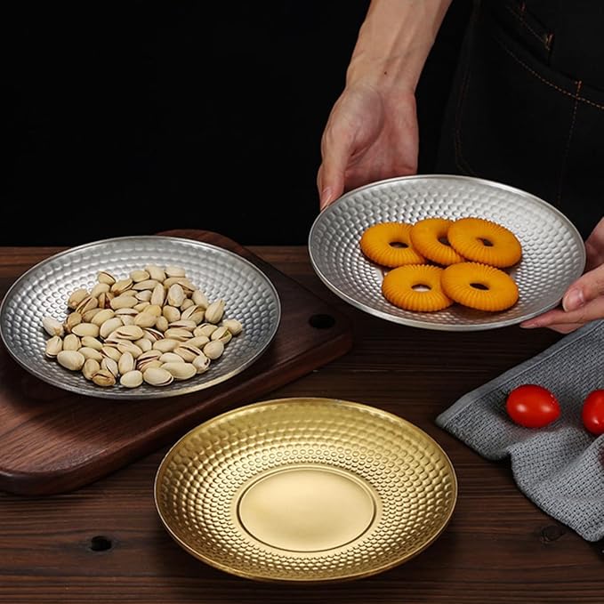 Sosoport Vintage Stainless Steel Fruit Serving Tray round Textured Dinner Plate Outdoor Camping Snack Platter Sturdy Gold Fruit Plates for Picnic and Party Use