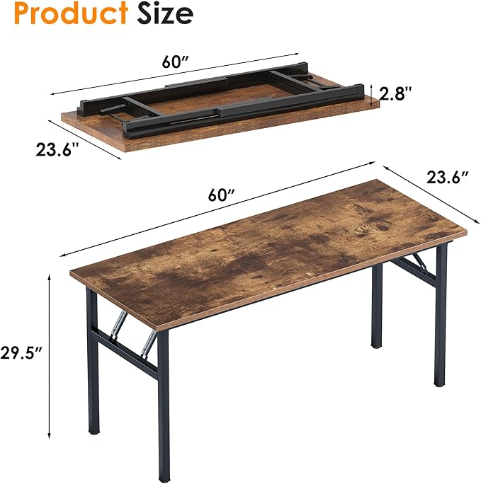Need Folding Computer Desk, Large 60 inches Folding Table for Home Office, No Install Needed Foldable Writing Table Desk, Rustic Brown