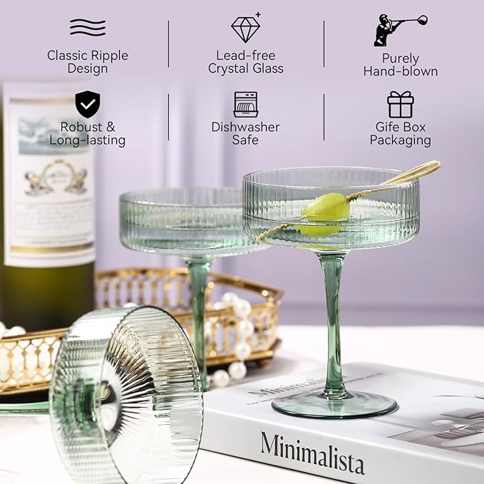 Green 9 oz Vintage Art Deco Coupe Glasses Set of 6 Ribbed martini Glasses |Vintage Cocktail Glasses Set,Unique Colored Coupe Glass, Classic Cocktail Glassware