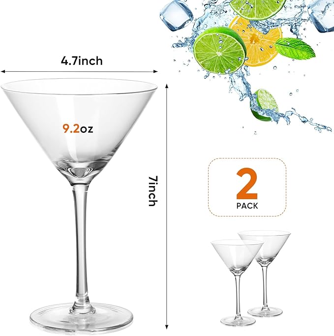 Martini Glasses Set of 2,Hand-blown 9.2OZ Crystal Cocktail Glasses for Espresso Martini,Cosmopolitan,Manhattan,Gimlet,Home Bar,Cocktail Party,Stemless Martini Glassware Gift Set