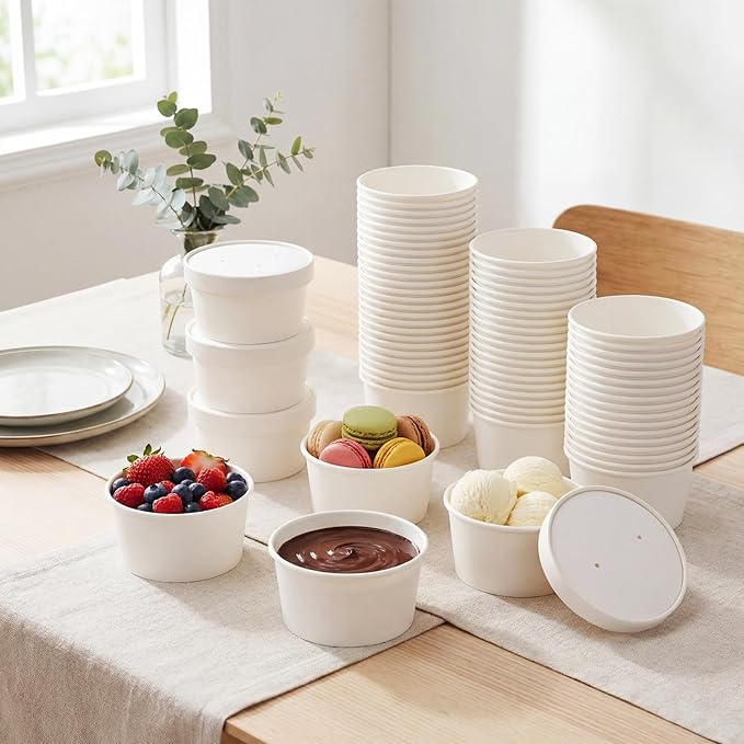 Fulmoon 100 Pack Paper Soup Containers with Lids Disposable Paper Food Containers with Vented Lid Kraft Ice Cream Cake Dessert Cups Soup Bowl for Party Hot Food Fruit Microwave(15 oz,White)
