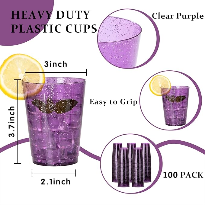 DaYammi 100 Pack 10 oz Purple Plastic Cups- Disposable Cups Tumblers, Elegant Purple Glitter Party Drinking Cup Perfect for Wedding Purple cups Perfect for Valentine's Day Party
