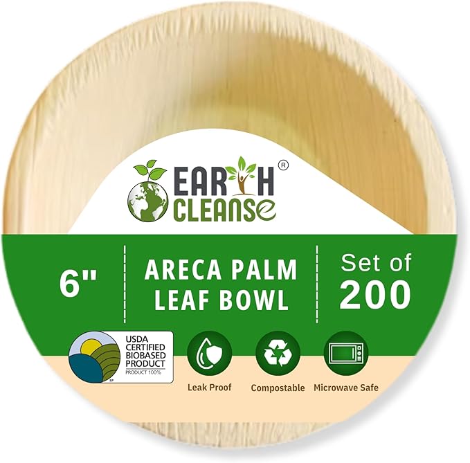 6" Areca Palm Leaf Round Bowls Compostable Biodegradable Eco-Friendly Bowls Natural Disposable Bowls, Perfect for Picnic Catering, Dessert, and Wedding (Pack of 200)